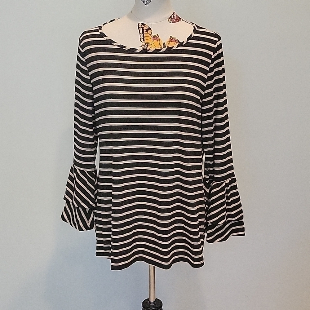 FAITH And Joy Black Tan Striped Top With Scoop Neck And Double Bell Sleeves XL